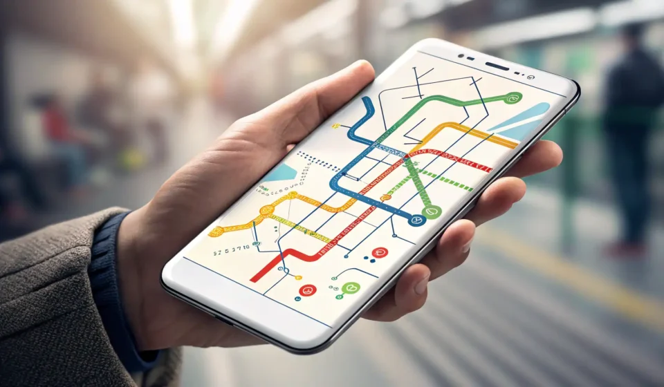 Hand holding smartphone showing a subway map app interface, with a modern Korean subway train and pl...
