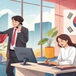 Illustration showing three professionals in a Korean office, representing how to introduce colleague...