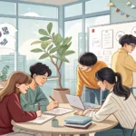 Illustration of diverse young Korean students studying together around a table in a modern Korean ca...