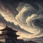 Korean ink painting depicting sentient storm clouds with subtle eyes gazing at a lightning rod, repr...