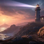 Stylized illustration of a lighthouse beam cutting through thick, glowing fog at twilight, symbolizi...