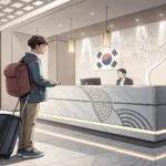 Illustration of a traveler looking concerned at a Korean hotel reception desk, symbolizing how to co...