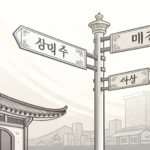 Stylized illustration of blank Korean street signs at an intersection, symbolizing navigation and un...