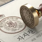 A traditional Korean seal (dojang) stamping a document, representing the concept of guarantees and f...