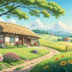 Illustration of a picturesque Korean agritourism farm (Gwan-gwang-nong-won) bathed in sunlight, show...
