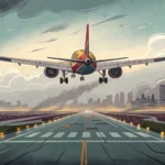 Illustration of an airplane taking off from a runway with subtle Korean background elements, represe...
