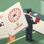 Illustration of a passport being stamped at a Korean airport immigration desk, representing the proc...