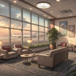 Interior view of a comfortable airport lounge with armchairs facing windows overlooking airplanes on...