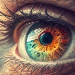 Illustration of a human eye, partially blurred symbolizing amblyopia (약시), set against a soft-focus...