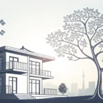 Stylized graphic depicting a modern Korean apartment building silhouette next to an auction gavel, s...