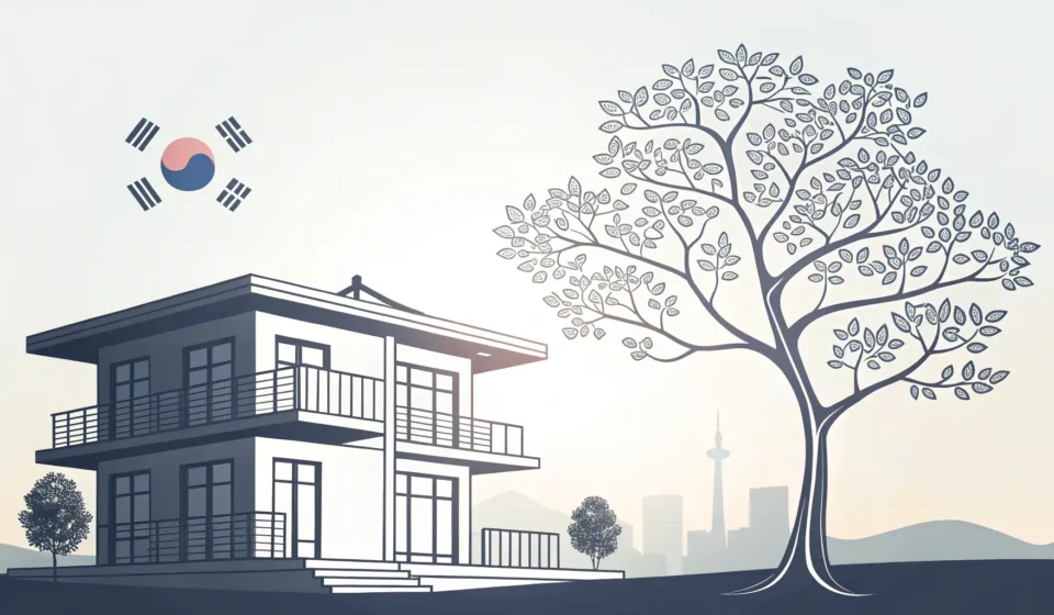 Stylized graphic depicting a modern Korean apartment building silhouette next to an auction gavel, s...