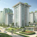 Illustration of a modern Korean apartment complex next to a stylized icon representing a monthly bil...