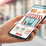 Illustration of a smartphone showing a store app coupon with an error icon, held near a checkout, sy...