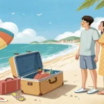 Illustration of a stressed couple with luggage on a Korean beach, symbolizing a Korean language less...