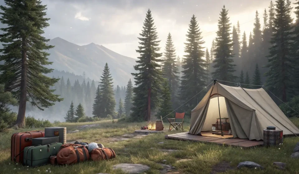 A Korean campsite scene with unpacked gear and missing tent poles, illustrating the Korean learning...