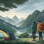 Illustration of a couple at a Korean campsite looking confusedly at an empty spot where their tent s...