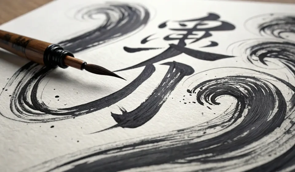 A traditional Korean calligraphy brush lies next to bold, expressive black ink strokes on textured H...