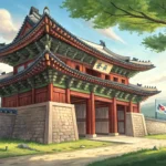 Illustration of a tourist asking a guide about a potential hidden passage at a traditional Korean ca...