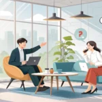 Two colleagues in a modern Korean office, one smiling and gesturing invitingly to the other, represe...