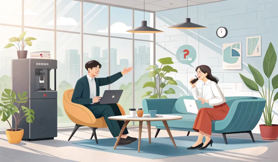 Two colleagues in a modern Korean office, one smiling and gesturing invitingly to the other, represe...
