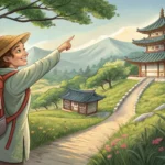 Illustration of a tourist asking a Korean local for directions on a scenic path in Korea, symbolizin...