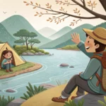 A hiker asking a camper near a tent by a Korean river, symbolizing how to ask for nearby fishing spo...
