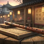 Close-up of a handmade wooden Korean flute resting on a stall in a softly lit Korean night market se...
