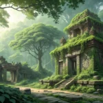 Ancient Korean temple ruins overgrown with vines, partially hidden within a dense jungle setting, sy...