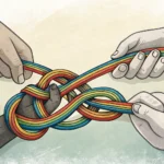 Illustration of two hands untangling a complex knot, symbolizing friends helping each other solve a...