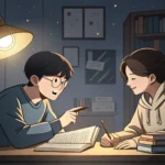 Two Korean students studying together at night, one asking the other for help with a history project...