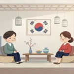 Illustration showing one person looking puzzled by unassembled furniture parts while another person...