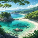 Illustration of a beautiful hidden lagoon on the Korean coast, representing learning how to ask for...