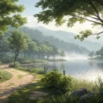 A view from a hidden forest trail opening onto a tranquil Korean lake shore surrounded by mountains,...
