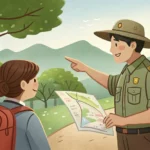 A hiker consults a map with a Korean park ranger, seeking advice on trails, with a beautiful river a...