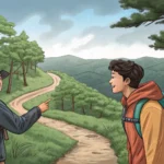 Two hikers on a Korean mountain trail, one asking for directions and the other pointing towards an e...