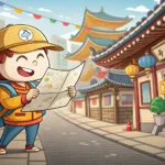 Illustration of a person looking for a red Korean mailbox (우체통) on a street in Korea, representing h...