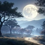 A large full moon rises over silhouetted pine trees at night, with a small tent visible, illustratin...