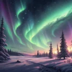 Illustration of a hiker and camper silhouetted against a vibrant northern lights display, representi...