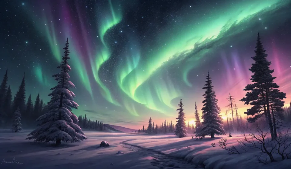 Illustration of a hiker and camper silhouetted against a vibrant northern lights display, representi...