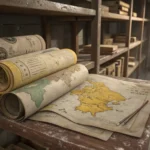 Close-up of old, rolled Korean maps on a dusty shelf, representing research for historical town maps...