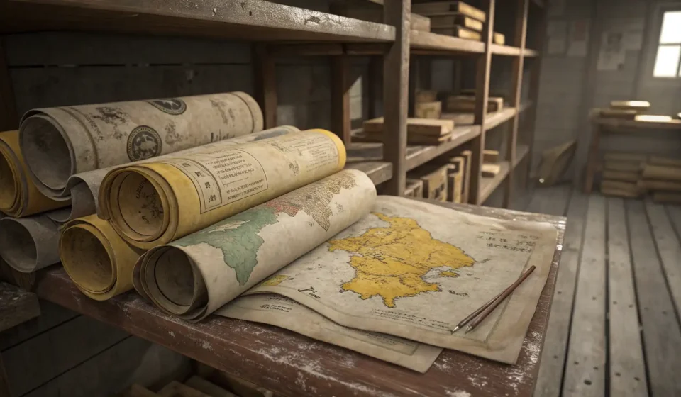 Close-up of old, rolled Korean maps on a dusty shelf, representing research for historical town maps...