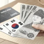 Illustration of a hand holding Korean Won cash and a credit card over a payment terminal, representi...