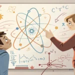 Illustration symbolizing a student asking for clarification on a complex physics concept in a Korean...