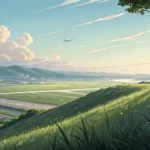 Illustration of a person peacefully watching an airplane land at a Korean airport from a quiet hillt...