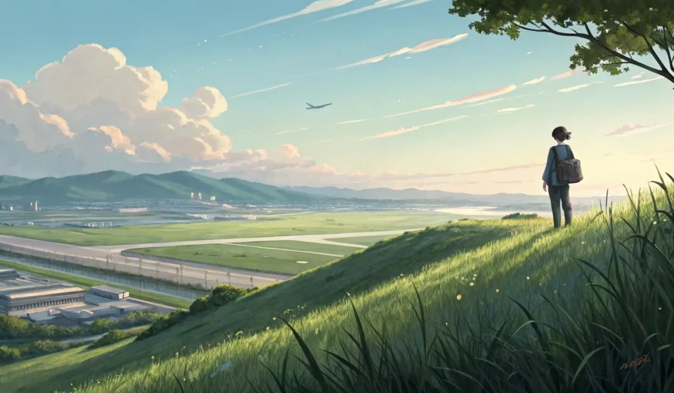 Illustration of a person peacefully watching an airplane land at a Korean airport from a quiet hillt...