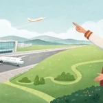 A tourist asking a Korean local for directions to watch planes near a Korean airport, illustrating a...