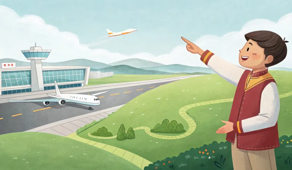 A tourist asking a Korean local for directions to watch planes near a Korean airport, illustrating a...