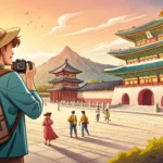 Illustration of a tourist asking a tour guide a question in a large Korean plaza with historical bui...