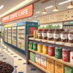 A person points to an empty shelf space in the coffee aisle of a Korean store, symbolizing asking ab...