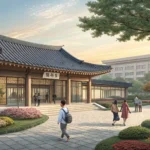 Illustration of a Korean university building entrance, representing the formal academic setting for...
